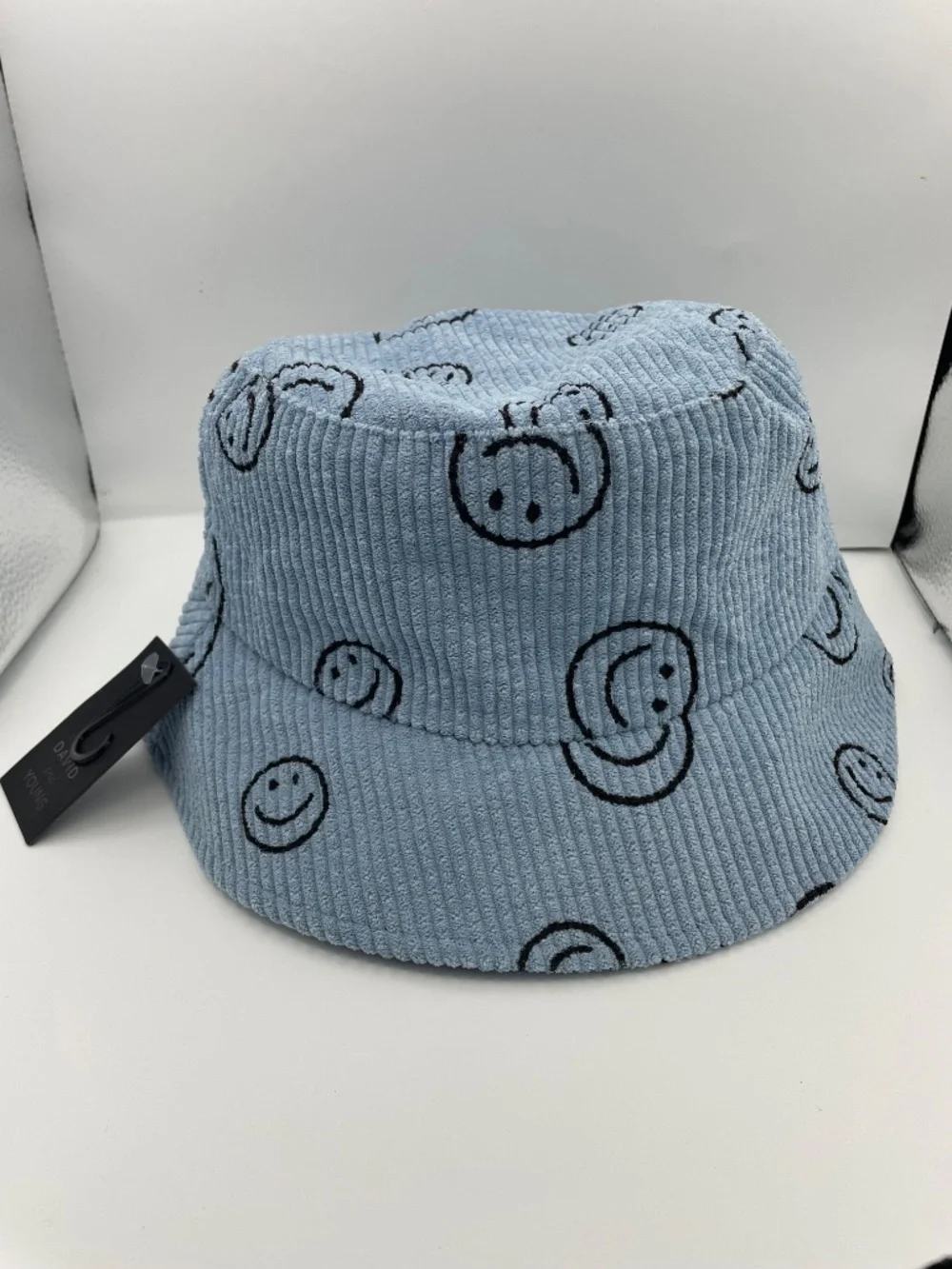 David and Young blue corduroy smiley faces buckle hat